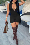 Blue Casual Solid Patchwork Zipper Collar Regular Rompers