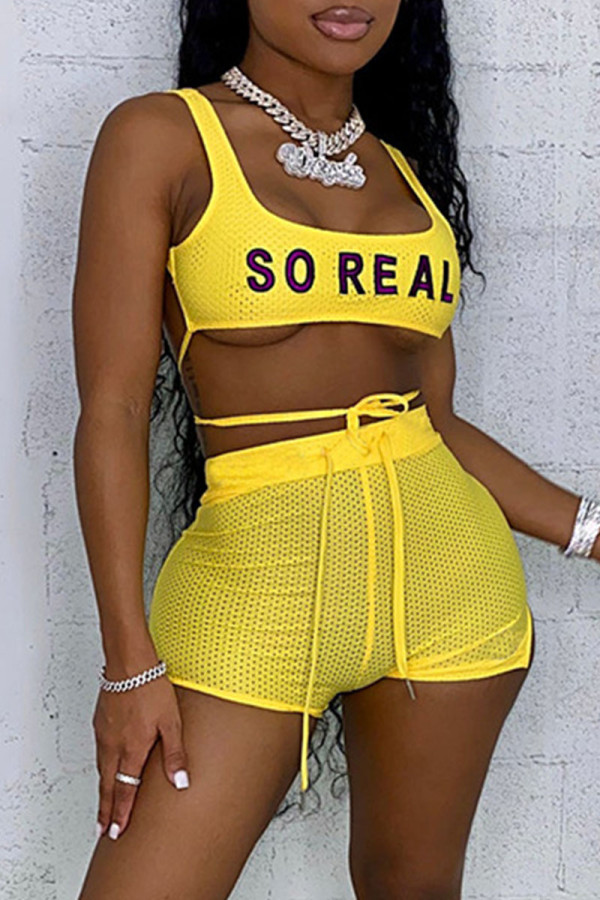Yellow Sexy Print Hollowed Out Patchwork U Neck Sleeveless Two Pieces