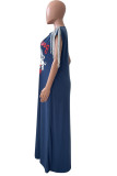 Deep Blue Street Print Tassel Patchwork V Neck Straight Dresses