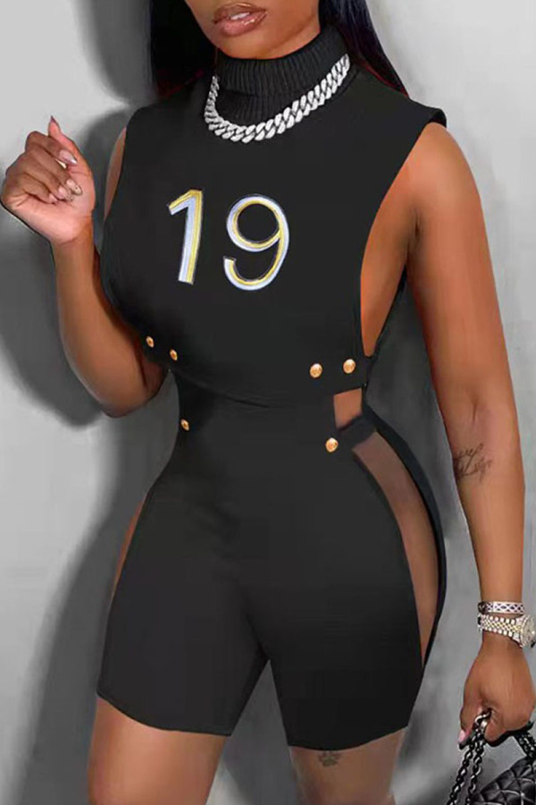 Black Sexy Print Hollowed Out Turtleneck Sleeveless Two Pieces