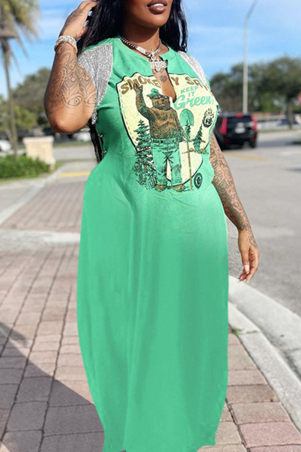 Light Green Street Print Tassel Patchwork V Neck Straight Dresses