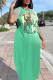 Light Green Street Print Tassel Patchwork V Neck Straight Dresses