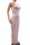 Pink Fashion Casual Solid Tassel O Neck Sleeveless Two Pieces