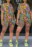 Red Fashion Casual Print Basic O Neck Short Sleeve Two Pieces