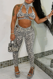 White Sexy Animal Print Hollowed Out Halter Sleeveless Two Pieces