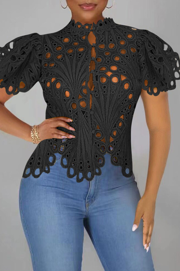 Black Fashion Sexy Solid Hollowed Out Patchwork Buckle Asymmetrical T-Shirts