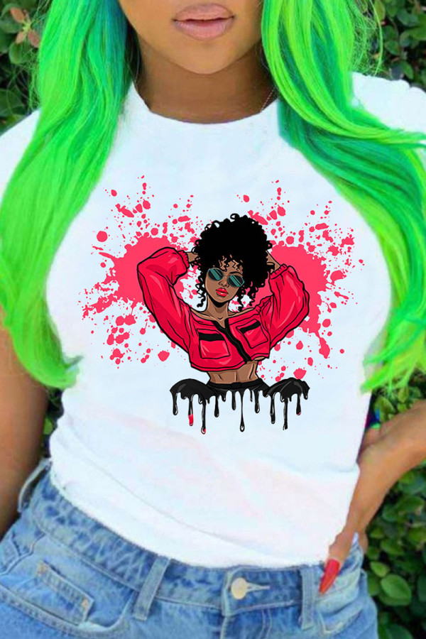 White Red Fashion Casual Print O Neck T-Shirts