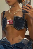 Blue Sexy Print Patchwork Spaghetti Strap Tops