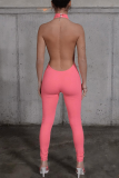 Pink Sexy Solid Patchwork Halter Skinny Jumpsuits