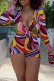Colour Sexy Print Bandage Patchwork V Neck Regular Rompers