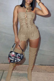 Coffee Sexy Solid Bandage Hollowed Out Patchwork Strapless Regular Rompers