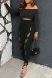 Green Fashion Solid Hollowed Out Off the Shoulder Long Sleeve Two Pieces