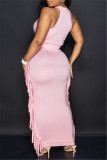 Pink Fashion Casual Solid Tassel O Neck Sleeveless Two Pieces