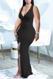 Black Sexy Solid Patchwork Slit Asymmetrical V Neck Straight Dresses