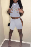 Grey Sexy Print Hollowed Out Turtleneck Sleeveless Two Pieces