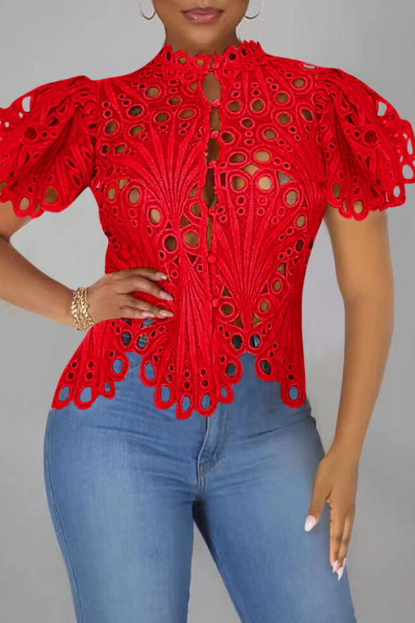 Red Fashion Sexy Solid Hollowed Out Patchwork Buckle Asymmetrical T-Shirts
