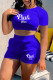 Blue Fashion Casual Letter Print Bandage Backless O Neck Short Sleeve Two Pieces