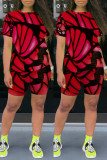 Red Fashion Casual Print Basic O Neck Short Sleeve Two Pieces