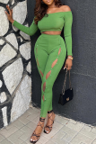 Green Fashion Solid Hollowed Out Off the Shoulder Long Sleeve Two Pieces