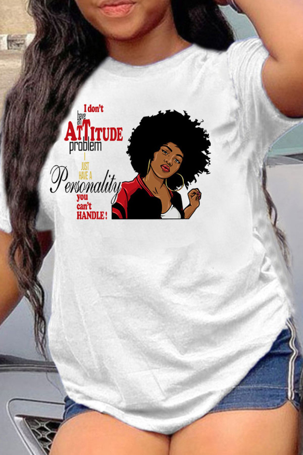 White Fashion Casual Print Basic O Neck T-Shirts