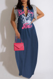 Deep Blue Street Print Tassel Patchwork V Neck Straight Dresses