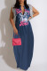Deep Blue Street Print Tassel Patchwork V Neck Straight Dresses