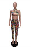 Multicolor Fashion Sexy Print Hollowed Out Backless Halter Sleeveless Two Pieces
