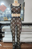 Black Sexy Print Patchwork See-through U Neck Sleeveless Two Pieces