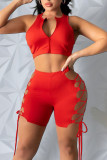 Tangerine Sexy Solid Bandage Hollowed Out Split Joint Zipper Collar Sleeveless Two Pieces