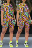 Red Fashion Casual Print Basic O Neck Short Sleeve Two Pieces
