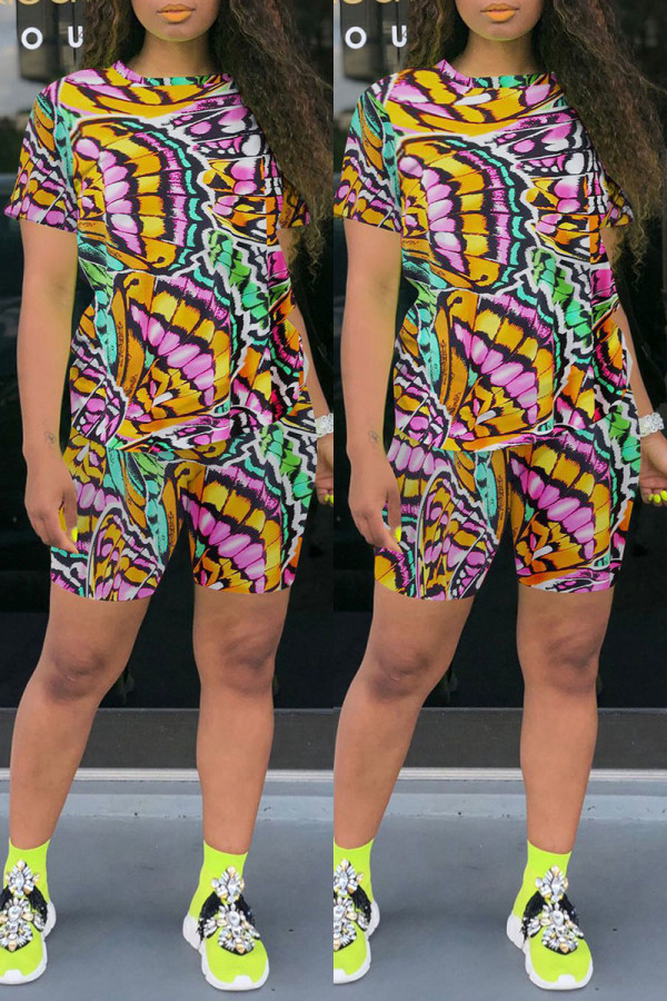 Colour Fashion Casual Print Basic O Neck Short Sleeve Two Pieces