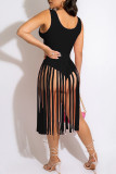 Pink Sexy Solid Tassel Patchwork U Neck Sleeveless Two Pieces