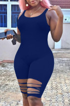 Blue Fashion Sexy Patchwork Hole Burn-out Hollow Solid Sleeveless O Neck Jumpsuits