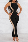 Black Sexy Solid Split Joint O Neck Skinny Jumpsuits