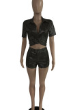 Apricot Sexy Solid Bandage Patchwork Turndown Collar Short Sleeve Two Pieces