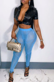 Blue Sexy Solid Split Joint See-through High Waist Pencil Patchwork Bottoms