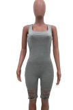 Grey Fashion Sexy Patchwork Hole Burn-out Hollow Solid Sleeveless O Neck Jumpsuits