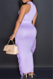 Pink Fashion Casual Solid Tassel O Neck Sleeveless Two Pieces