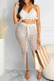 White Sexy Solid Bandage Hollowed Out Patchwork Halter Sleeveless Two Pieces