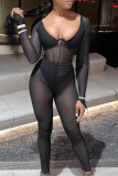Black Sexy Solid Mesh V Neck Long Sleeve Two Pieces