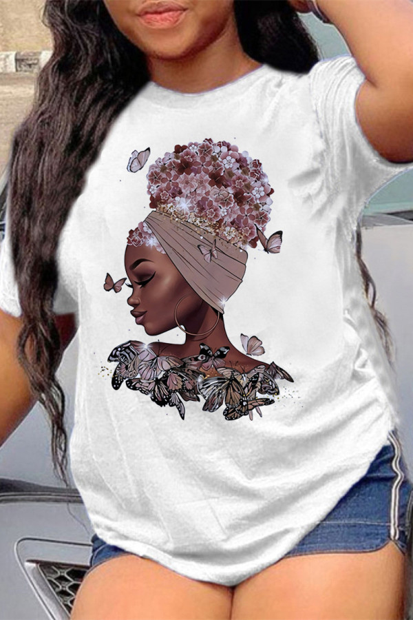 White Fashion Casual Print Basic O Neck T-Shirts
