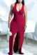 Burgundy Sexy Solid Patchwork Slit Asymmetrical V Neck Straight Dresses