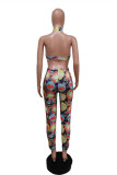 Multicolor Fashion Sexy Print Hollowed Out Backless Halter Sleeveless Two Pieces