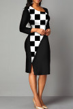 Red Casual Elegant Print Patchwork Slit Asymmetrical Collar One Step Skirt Dresses
