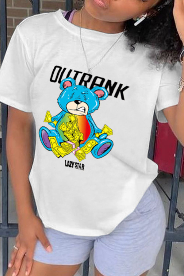White Fashion Casual Cartoon Print Basic O Neck T-Shirts