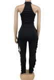 Black Casual Solid Tassel Split Joint O Neck Sleeveless Two Pieces