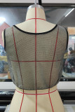 Black Silver Sexy Solid Hollowed Out Patchwork O Neck Tops