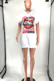 White Casual Street Print Patchwork Hooded Collar Straight Dresses