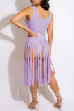 Pink Sexy Solid Tassel Patchwork U Neck Sleeveless Two Pieces