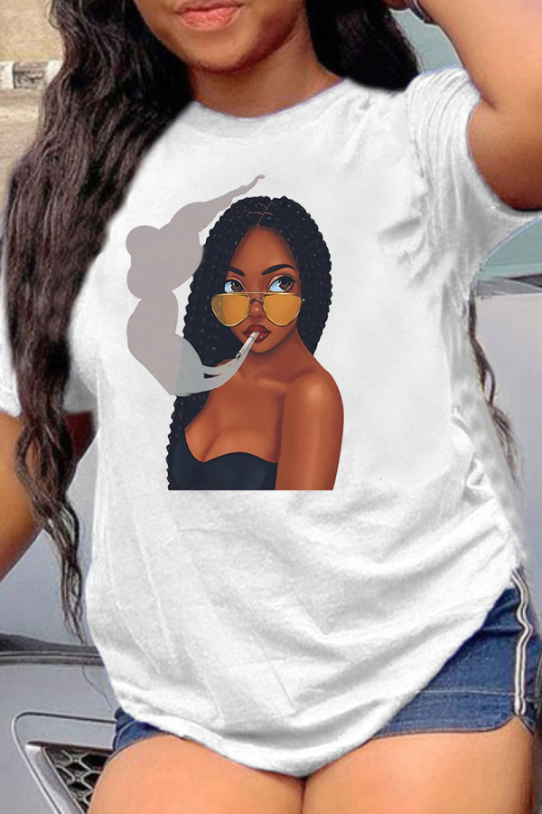 Black Fashion Casual Print Basic O Neck T-Shirts